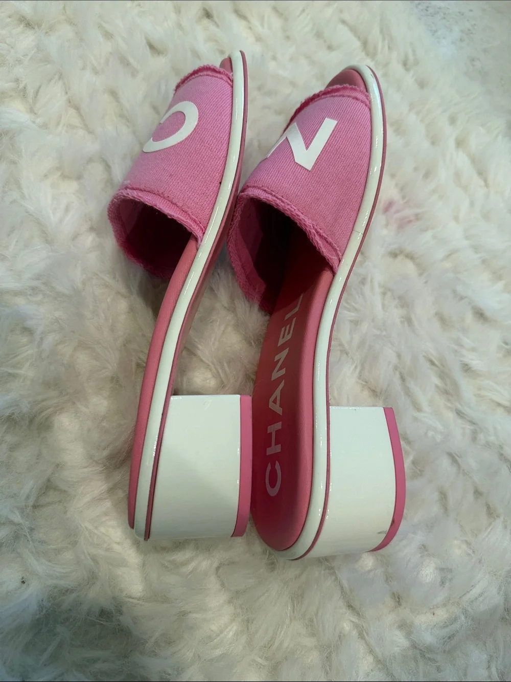 CHANEL Pink Logo Slide Sandals…